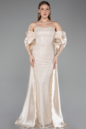 Beige Abendkleid Perlenbesetzt Lang ABU5234