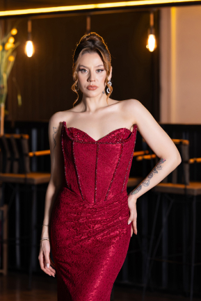 Weinrot Abendkleid Spitze Lang ABU6148