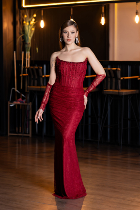 Abendkleid im Meerjungfrau-Stil Lang Spitze Weinrot ABU5933