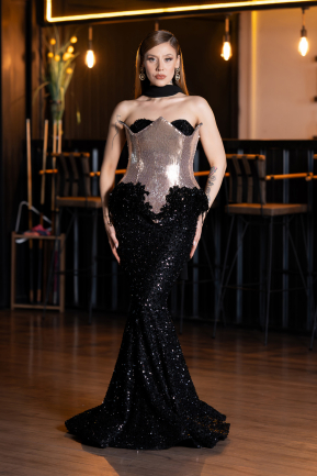 Designer Abendkleid im Meerjungfrau-Stil Lang Schuppig Schwarz ABU5950