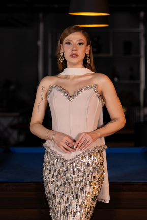Designer Abendkleid im Meerjungfrau-Stil Lang Schuppig Beige ABU5968