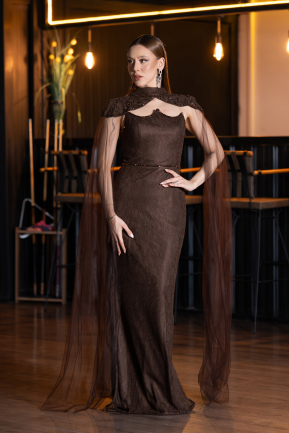 Abendkleid Lang Spitze Braun ABU5941