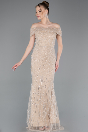 Beige Abendkleid Perlenbesetzt Lang ABU5694