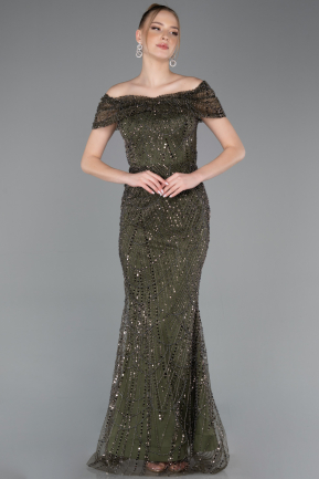 Khaki Abendkleid Perlenbesetzt Lang ABU5694