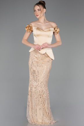 Gold Abendkleid Perlenbesetzt Lang ABU5616