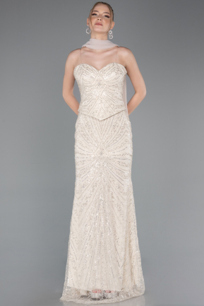 Abendkleid Lang Perlenbesetzt Beige ABU5983