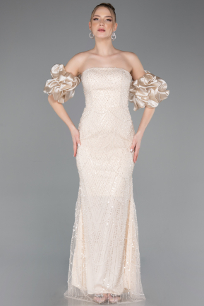 Beige Abendkleid Perlenbesetzt Lang ABU4616