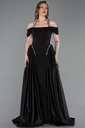 Standesamtkleid Lang Satin Schwarz ABU5995