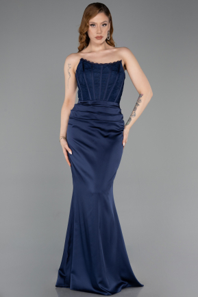 Abendkleid Lang Satin Marineblau ABU6000