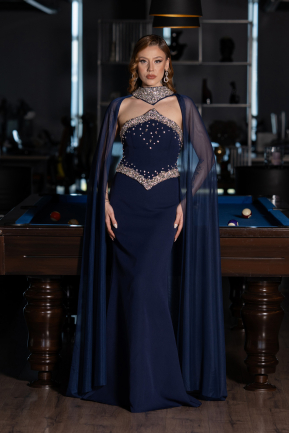 Marineblau Abendkleid İm Meerjungfrau-Stil Lang ABU5866