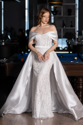 Weiß Abendkleid Perlenbesetzt Lang ABU5400