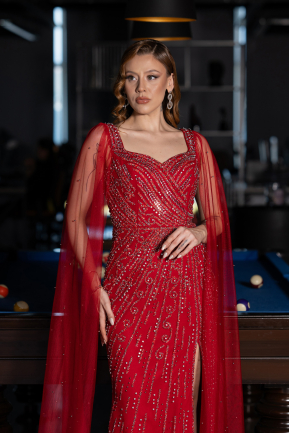 Rot Abendkleid Steinbesetzt Lang ABU5751