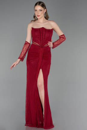 Weinrot Standesamtkleid Spitze Lang ABU5736