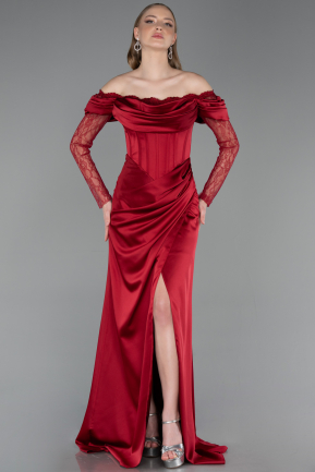 Weinrot Abendkleid Satin Lang ABU5829