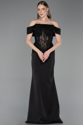 Abendkleid Lang Satin Schwarz ABU6054