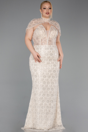 Beige Abendkleid İn Übergröße Perlenbesetzt Lang ABU5698