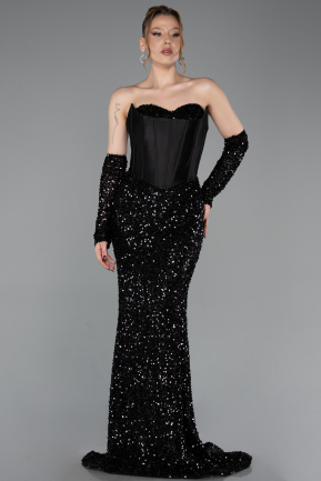 Abendkleid Lang Schuppig Schwarz ABU6041