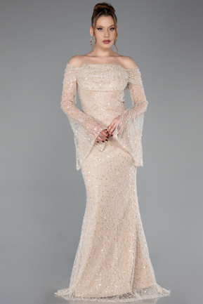 Beige Abendkleid İm Meerjungfrau-Stil Schuppig Lang ABU5623