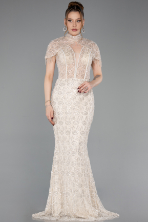 Beige Abendkleid İm Meerjungfrau-Stil Perlenbesetzt Lang ABU5697