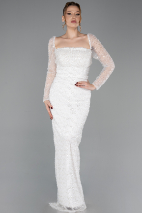 Weiß Abendkleid Perlenbesetzt Lang ABU5699