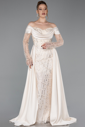 Beige Abendkleid Perlenbesetzt Lang ABU5934
