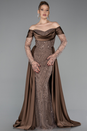 Braun Abendkleid Perlenbesetzt Lang ABU5934