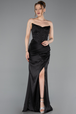 Abschlusskleid Lang Satin Schwarz ABU6091