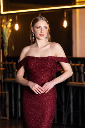 Abendkleid Lang Perlenbesetzt Weinrot ABU6057