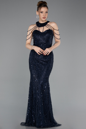 Abendkleid Lang Perlenbesetzt Marineblau ABU6073