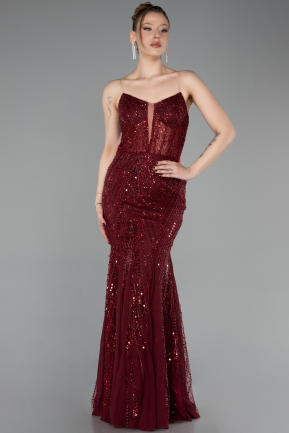 Abendkleid Lang Perlenbesetzt Weinrot ABU6080