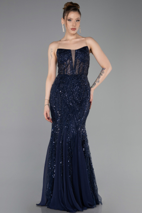 Abendkleid Lang Perlenbesetzt Marineblau ABU6080