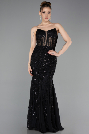Abendkleid Lang Perlenbesetzt Schwarz ABU6080