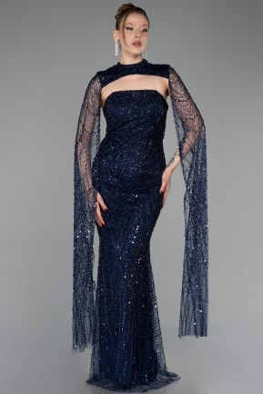 Abendkleid Lang Perlenbesetzt Marineblau ABU6104