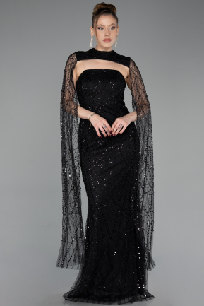 Abendkleid Lang Perlenbesetzt Schwarz ABU6104