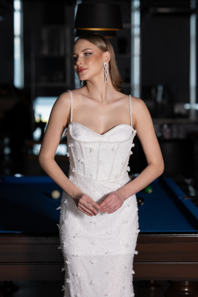Standesamtkleid Lang Spitze Weiß ABU6040