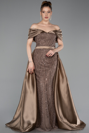 Hellbraun Abendkleid Perlenbesetzt Lang ABU5400