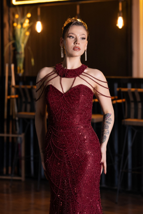 Abendkleid Lang Perlenbesetzt Weinrot ABU6073