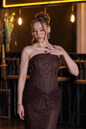 Abendkleid Lang Spitze Braun ABU6089
