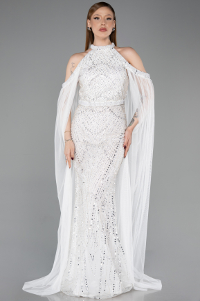Standesamtkleid Lang Perlenbesetzt Weiß ABU6117