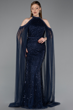 Standesamtkleid Lang Perlenbesetzt Marineblau ABU6117