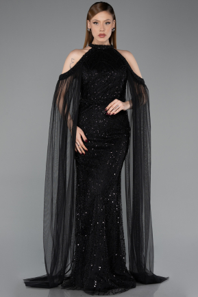 Standesamtkleid Lang Perlenbesetzt Schwarz ABU6117