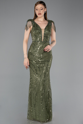 Khaki Abendkleid Perlenbesetzt Lang ABU5637