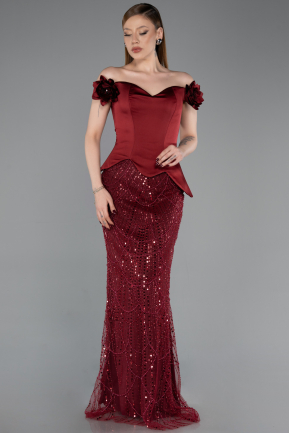 Weinrot Abendkleid Perlenbesetzt Lang ABU5616