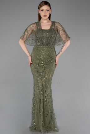 Khaki Abendkleid Perlenbesetzt Lang ABU5718
