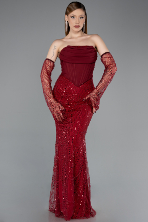 Weinrot Abendkleid Perlenbesetzt Lang ABU5922