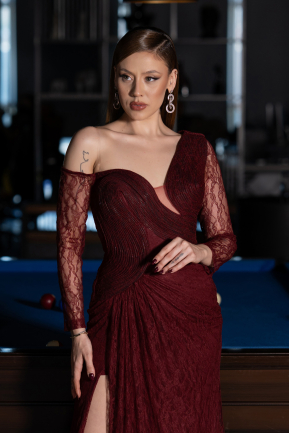 Weinrot Standesamtkleid Spitze Lang ABU5618