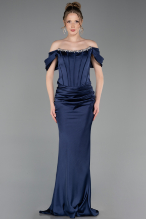 Abendkleid im Meerjungfrau-Stil Lang Satin Marineblau ABU6090