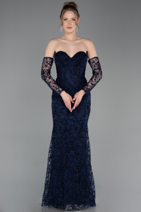 Abendkleid Lang Guipure Spitze Marineblau ABU6159