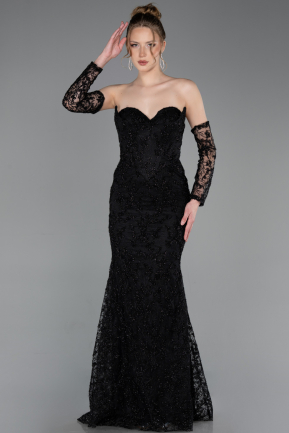 Abendkleid Lang Guipure Spitze Schwarz ABU6159