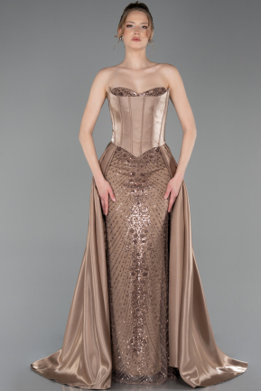 Standesamtkleid Lang Perlenbesetzt Cappuccino ABU6125